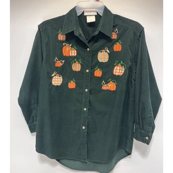 VTG 90s Mandal Bay Fall Pumpkin Corduroy Button Up Women's Sz S/M Petite Green - Picture 1 of 4
